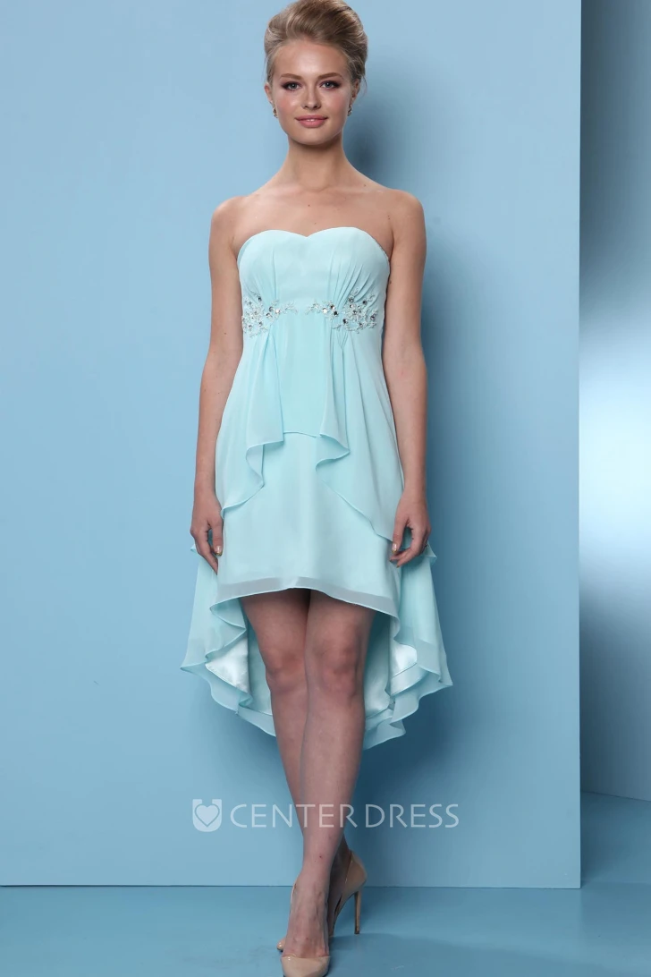 High-Low Sleeveless Sweetheart Beaded Chiffon Bridesmaid Dress With Draping