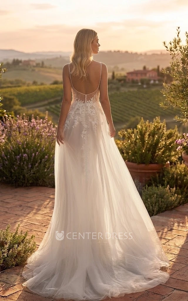 Country V-Neck Lace A-Line Sleeveless Wedding Dress Spaghetti Tulle Garden Bridal Gown with Open Back