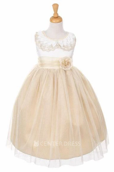 Floral Tiered Satin Flower Girl Dress With Embroidery