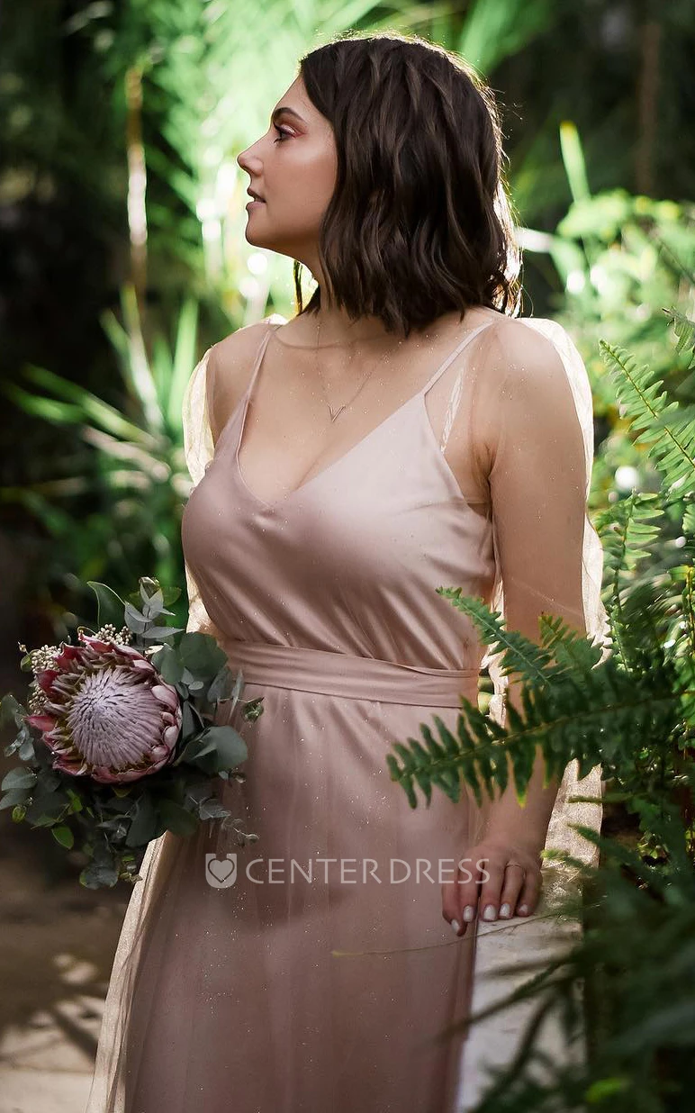 Elegant A-Line Satin Tulle Prom Dress With Long Sleeve And Spaghetti Straps