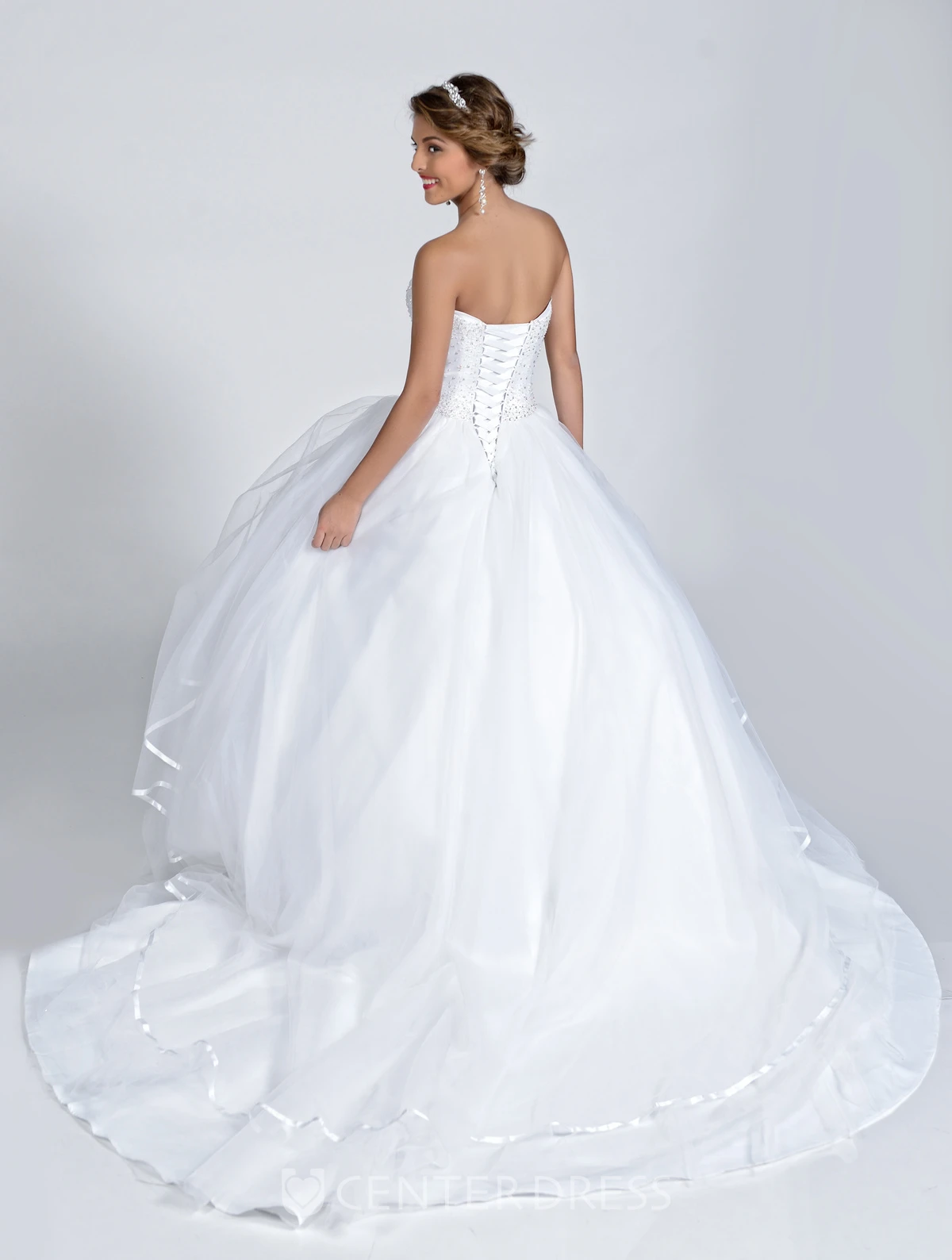 Organza Strapless Ball Gown With Lace-Up Back And Sequined Bodice
