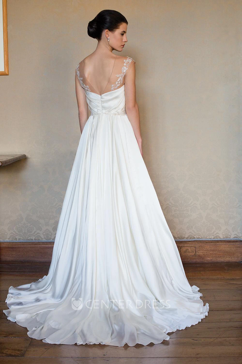 A-Line Sleeveless V-Neck Appliqued Long Stretched Satin Warm Wedding Dress With Pleats