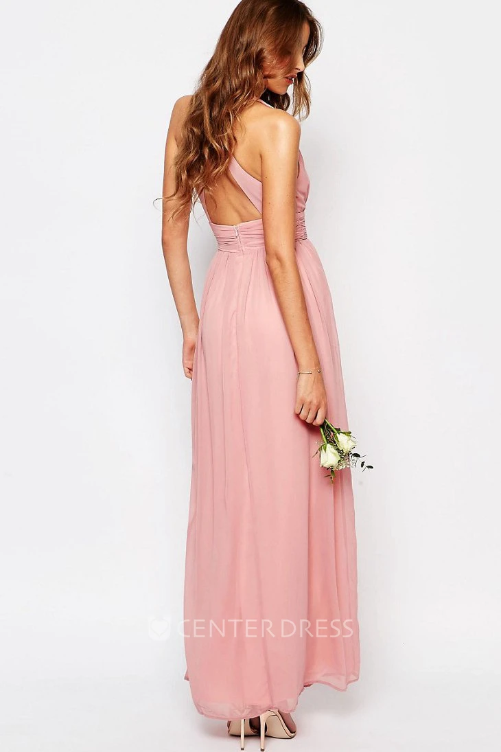 Ankle-Length Sleeveless V-Neck Pleated Chiffon Bridesmaid Dress With Straps