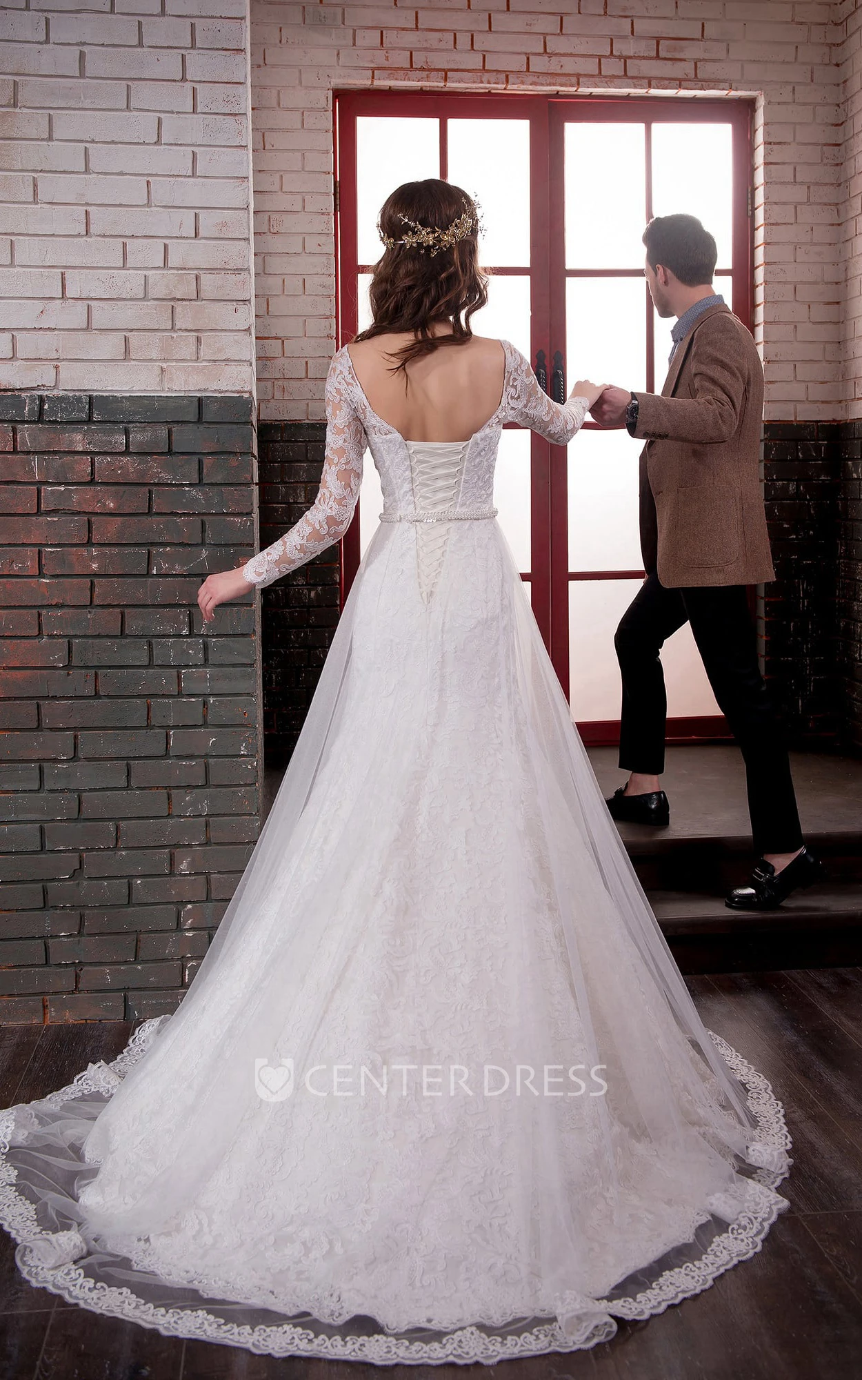 A-Line Long Bateau Long-Sleeve Lace-Up Lace Tulle Dress With Appliques And Waist Jewellery