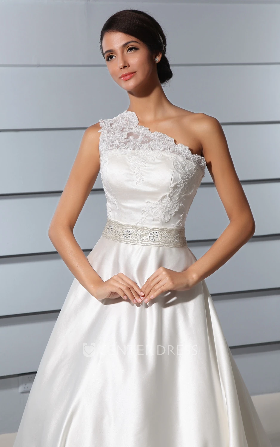 A-Line One-Shoulder Satin Wedding Dress With Lace Bodice And Chapel Train