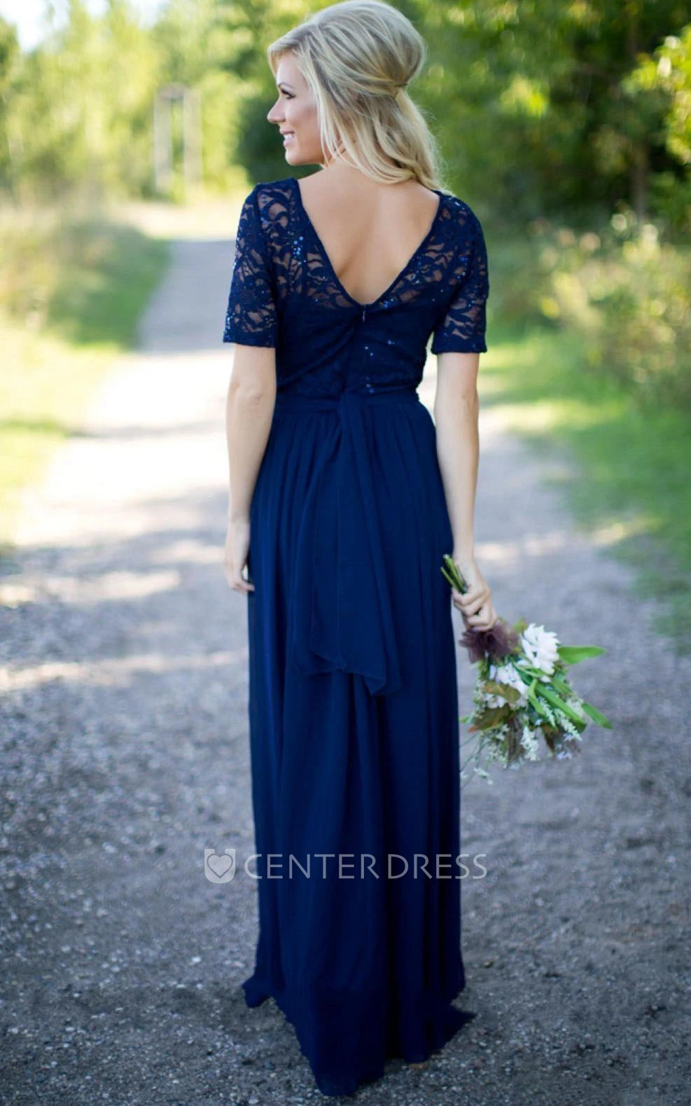 Half-sleeved Scoop Neck A-line Chiffon Lace Dress