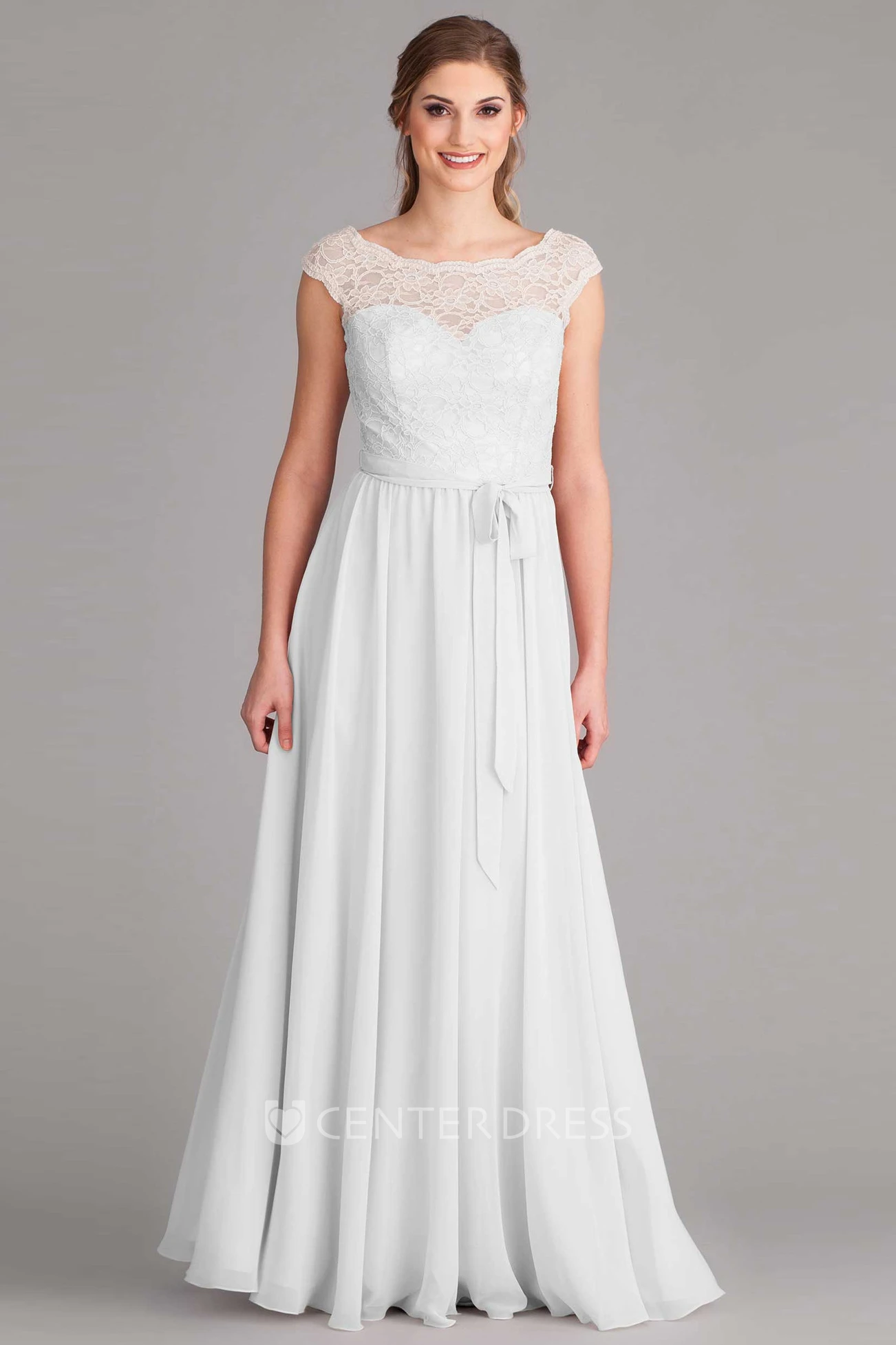 Sheath Short-Sleeve Scoop-Neck Floor-Length Chiffon Wedding Dress With Lace