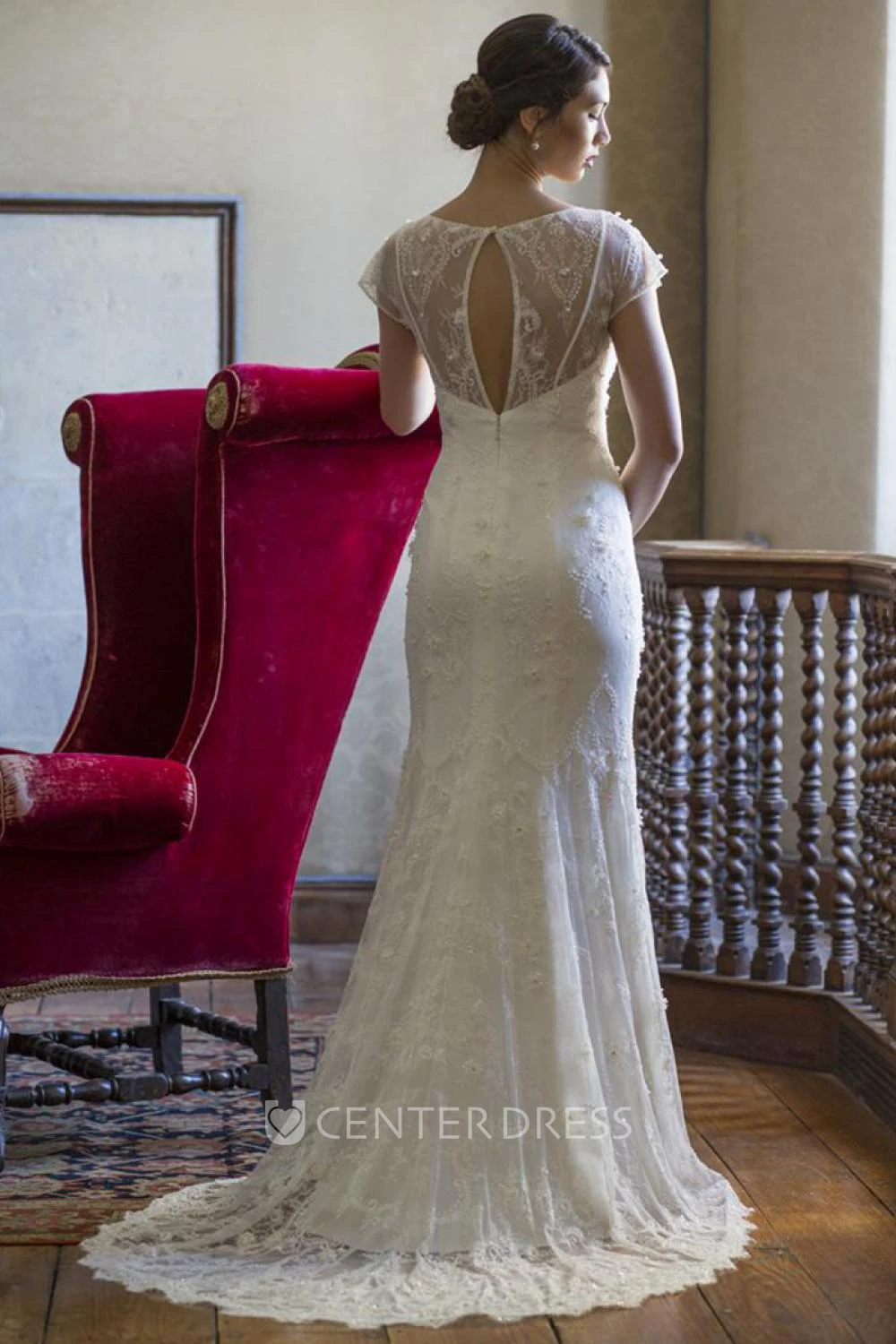 Sheath V-Neck Floor-Length Cap-Sleeve Lace Wedding Dress With Appliques And Keyhole