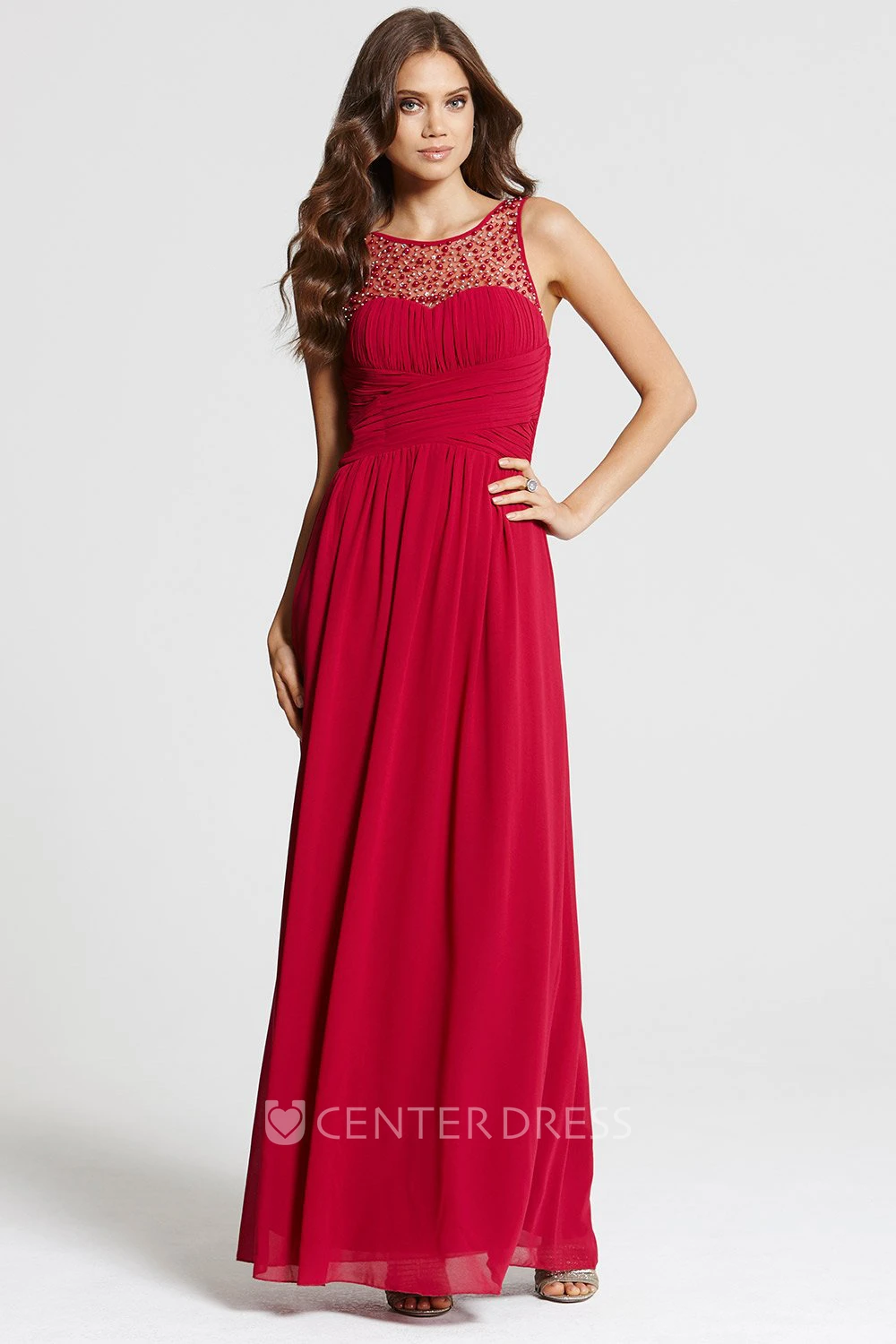 Floor-Length Ruched Sleeveless Scoop Neck Chiffon Bridesmaid Dress With Beading