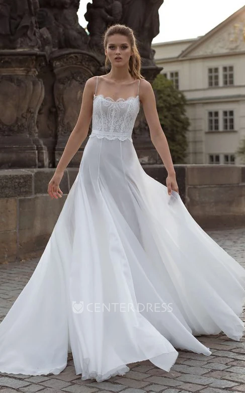 Elegant Lace A Line Floor-length Sleeveless Spaghetti Wedding Dress with Ruching