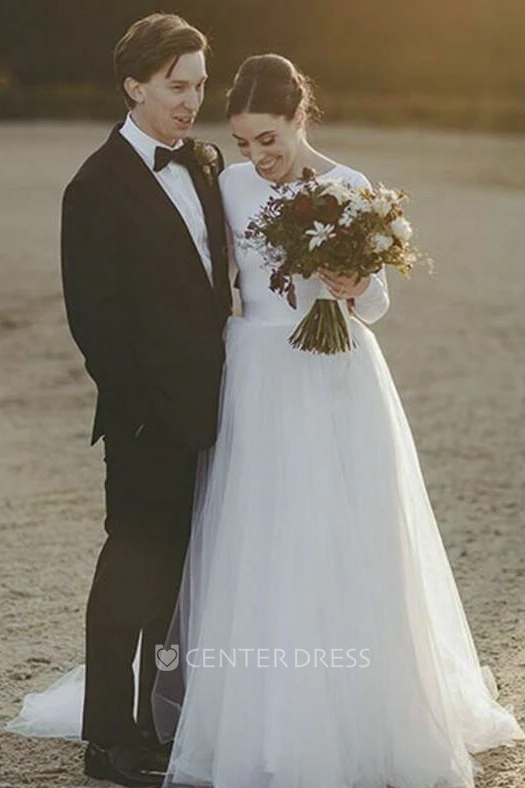 Elegant Fitted Modest Jersey Long Sleeve Tulle Bridal Gown