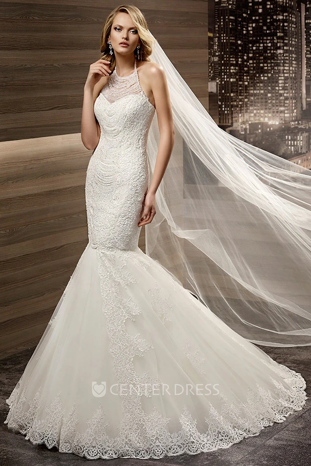 Halter-Strap Mermaid Lace Bridal Gown With Appliques And Open Back