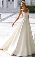 Simple Minimalist Satin A-Line Wedding Dress Modest Casual Solid Half Sleeves Square Neck Bridal Gown with Court Train