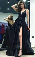 Sleeveless Floor-length A-Line Spaghetti V-neck Satin Dress