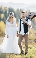 Chiffon Poet Long Sleeve And Front Split Bohemian Plunging Wedding Dress With Lace Details