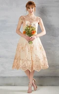 Tea-Length A-Line Bateau Neck Appliqued Cap Sleeve Lace Wedding Dress