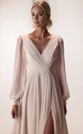 Flowy Modest V-Neck A-Line Long Sleeve Summer Maxi Wedding Dress Casual Minimalist Ruching Low Back Slit Reception Vow Renewal Dress for Bride