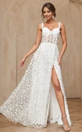 Sparkly Floral A-Line Boho Lace Maxi Wedding Dress Sexy Elegant Elopement Sweetheart Split Front 3D Appliqued Gown with Sequins