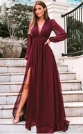 V-neck Chiffon Long Sleeve Floor-length A Line Formal Dress with Split Front