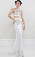 Sheath Floor-Length Beaded Sleeveless High-Neck Chiffon Satin Prom Dress