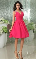 V-Neck Sleeveless Chiffon A Line Short Formal Dress With Beaded Strap