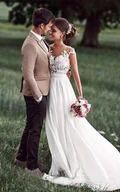 A Line Jewel Chiffon Lace Button Zipper Wedding Gown