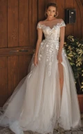 Romantic A Line Lace Off-the-shoulder Brush Train Short Sleeve Wedding Dress With Appliques