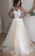 Ethereal Lace Appliques Beach Wedding Dress A-Line High Neck Straps Open Back Bridal Gown