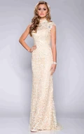 Column Lace Cap Sleeve High Neck Prom Dress With Crystal Detailing