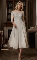 Gorgeous Tea Length Chiffon MOB A-Line Gown Jewel Neck Illusion Delicate Lace Applique