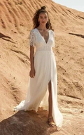 Plunging Half Sleeve With Open Back Bohemian Front Split Lace And Chiffon Wedding Dress
