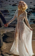 A-Line V Neck Long Sleeves Sequins Pearl Sexy See Through Wedding Dress with V Back