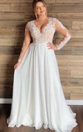 A Line Long Sleeve Chiffon Lace Bohemian Button Illusion Wedding Dress with Pleats