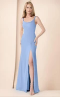 Blue Modern Simple Cowl Neck Maxi Sheath Bridesmaid Dress Minimalist Casual Wide Strap Spilt Front Dress