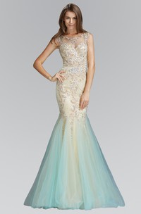 Mermaid Long Scoop-Neck Sleeveless Tulle Illusion Dress With Beading And Pleats