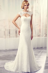 Scoop Floor-Length Cap-Sleeve Lace Wedding Dress With Court Train And Keyhole