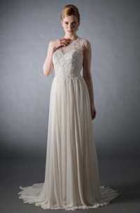 Long Scoop Appliqued Chiffon Wedding Dress With Sweep Train And Illusion
