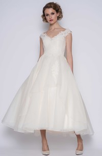 Elegant Organza Ball Gown Ankle Length Bridal Gown with Illusion Back and Flower