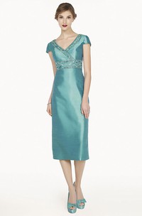 V Neck Short Sleeve Tea Length Satin Prom Dress With Crystal Empire Waist And Jacket