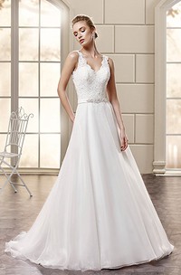 A-Line Floor-Length Appliqued V-Neck Sleeveless Lace&Satin Wedding Dress With Waist Jewellery