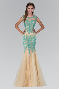 Mermaid Maxi Scoop-Neck Sleeveless Tulle Illusion Dress With Appliques