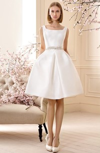 A Line Jeweled Sleeveless Short Mini Square Neck Satin Wedding Dress