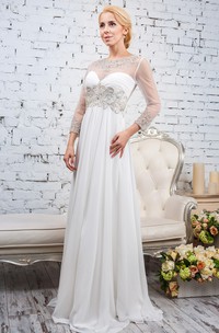 Sheath Bateau-Neck Floor-Length Beaded Long-Sleeve Tulle&Satin Wedding Dress With Pleats