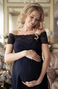 A-line Chiffon Off-the-shoulder Short Sleeve Lace Ruched Maternity Dress