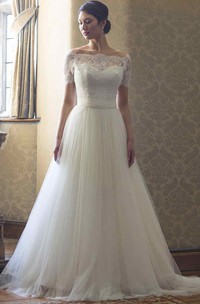 A-Line Beaded Short-Sleeve Bateau-Neck Lace&Tulle Wedding Dress With Illusion