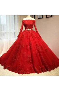 Long Sleeve Ball Gown Off-the-shoulder Floor-length Lace Tulle Prom Dress with Appliques and Sash