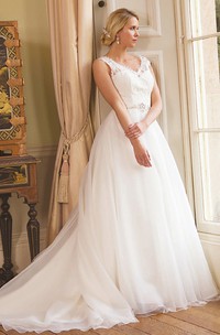 Maxi V-Neck Jeweled Tulle Wedding Dress With Court Train And Illusion