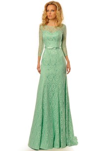 Maxi Ribboned Scoop Neck 3-4 Sleeve Lace Prom Dress With Brush Train
