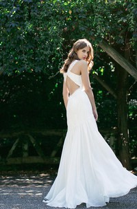 V-Neck Sleeveless Chiffon Wedding Dress With Ruching and Dropped Waist