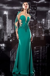 Sheath Jewel-Neck Long Sleeve Jersey Illusion Dress With Appliques